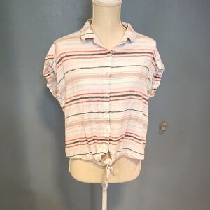 Weatherproof Vintage Linen Button-Down High-low Hem Nautical Striped Shirt